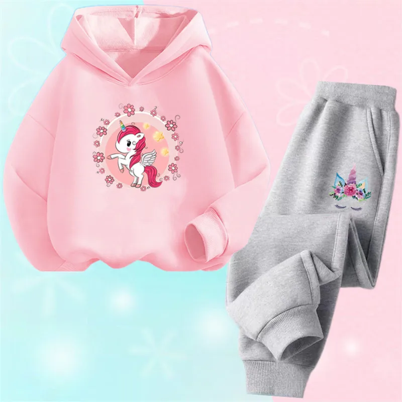 Unicorn Hoodie Set Cartoon Children's Hoody Sweatshirt and Pants Two Piece Unicorn Outfits for Kids Girls 3-14 Years Old