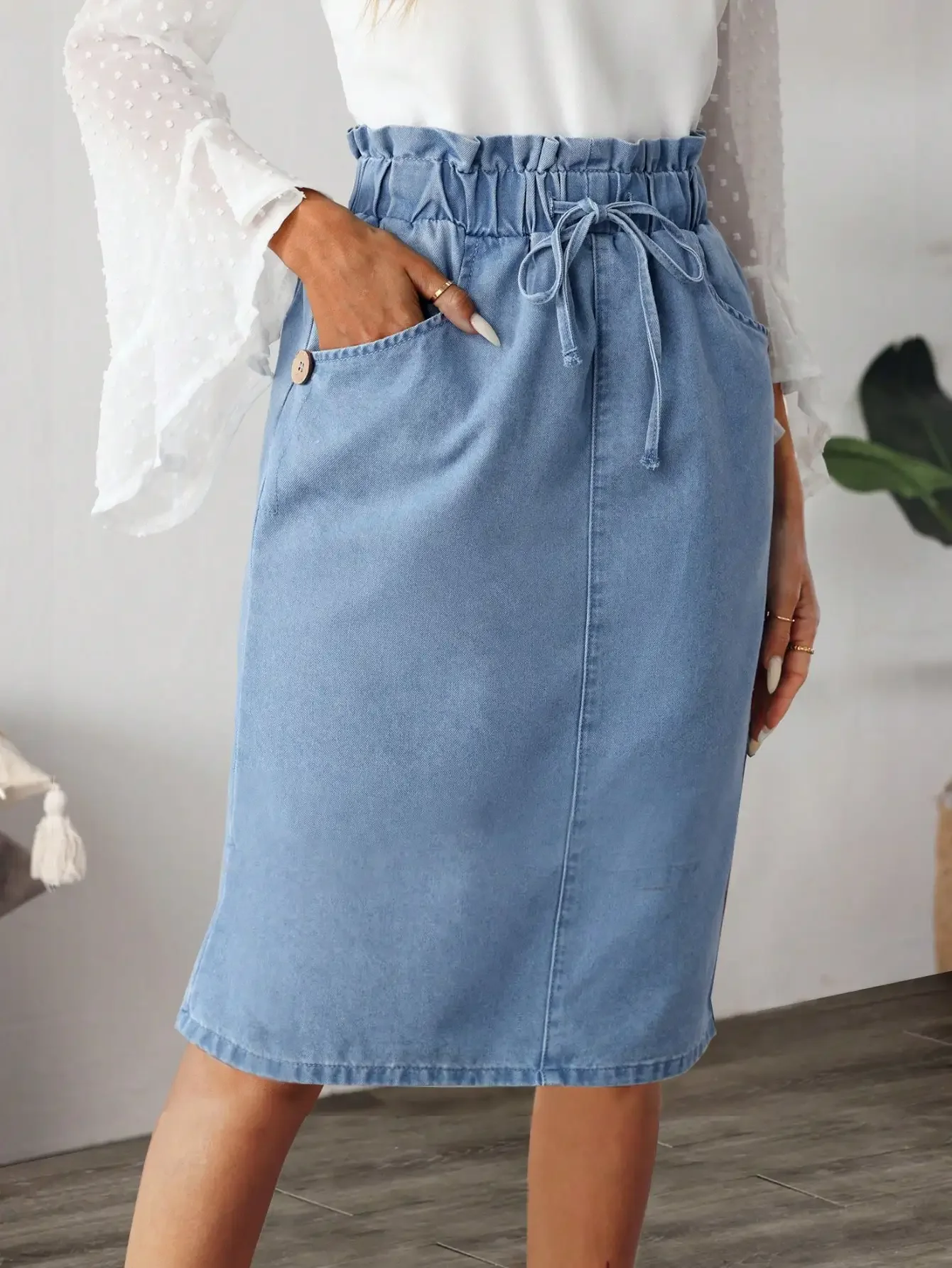 

Women's Washed Denim Midi Skirt with Drawstring Waist and Front Pockets