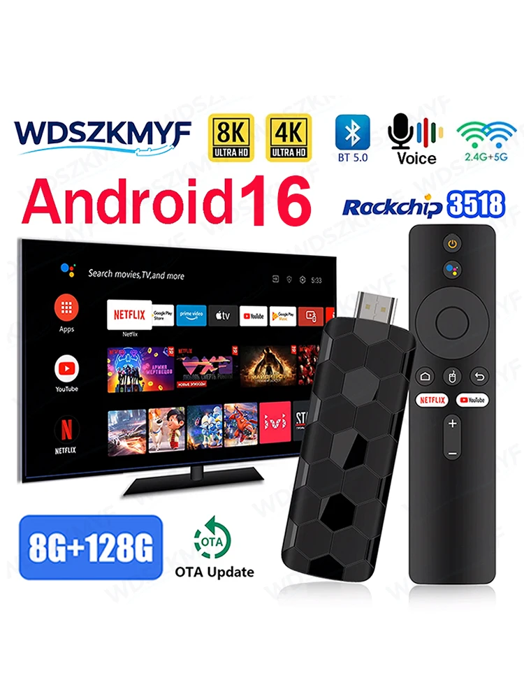 R3+ Android 16 4/8K UHD TV-Stick 8GB+128GB Quad-Core UI-Schnittstelle Dual-WLAN 2,4G/5,8G Heimkino-Player für Netflix YouTube