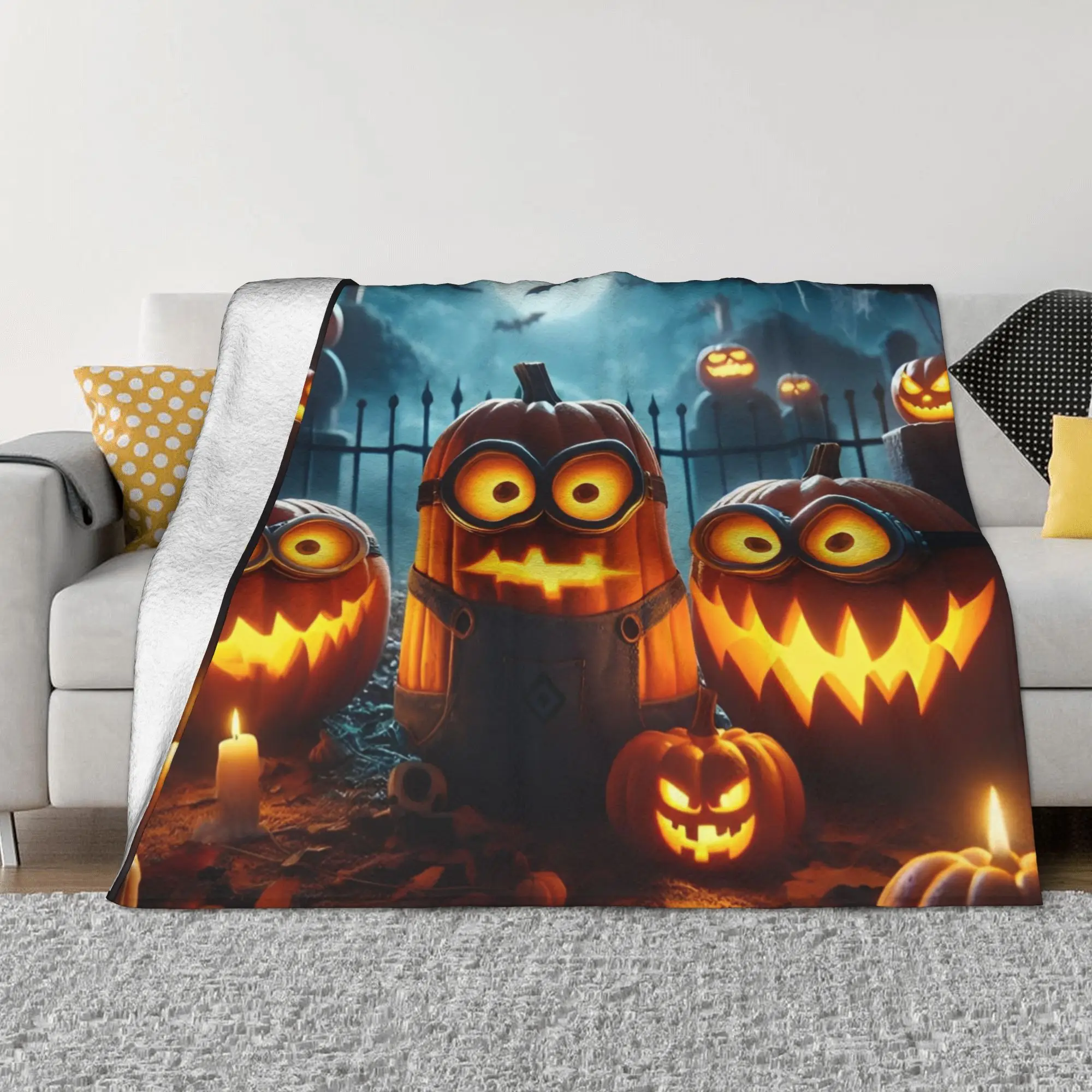 Minions Cartoon Pumpkin Blanket Halloween Design Flannel Funny Breathable Throw Blankets for Home Summer