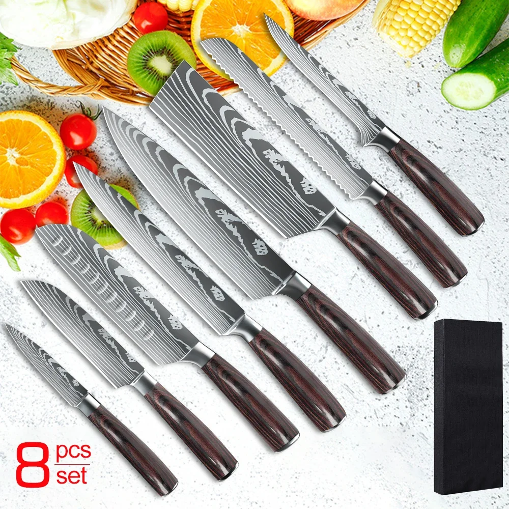 

Chef knives Set Professional Japanese Kitchen knives High Carbon stainless steel Laser Damascus Pattern Santoku Cleaver Knives