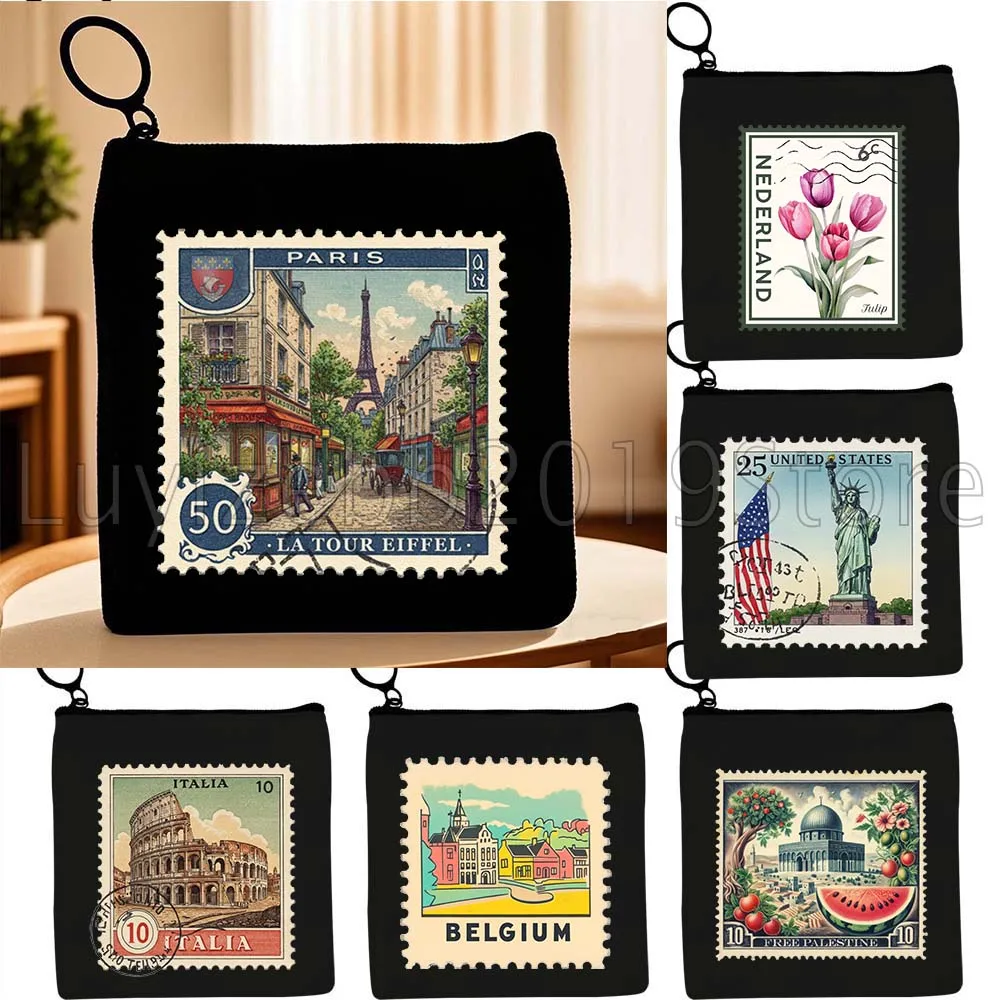 الرجعية إيطاليا روما هولندا باريس نيويورك البريد آخر Stamps هدية قماش محفظة نسائية للعملات المعدنية حقيبة مفتاح تخزين بطاقة أكياس المحفظة الحقيبة
