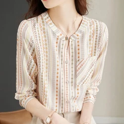 Autumn New French Elegant Temperament Striped Chiffon Shirt V-neck Pocket Beautiful Long Sleeved Top for Women Thin Blouses