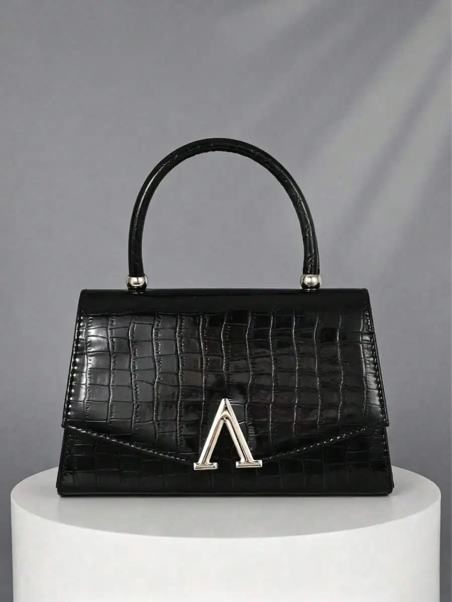 Black Crocodile Texture Frame Handbag With Metal Logo Clutch For Formal Evening Party