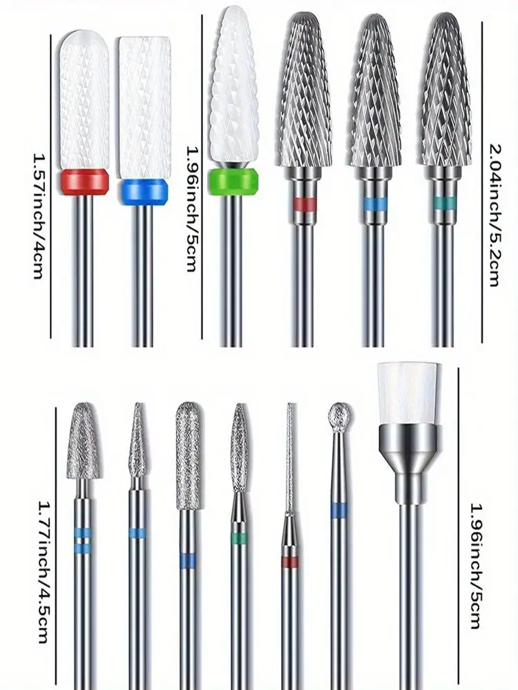 13-teiliges Set mit 3/32 Zoll Diamant-Hartmetall-Nagelbohrern, hypoallergen, geeignet für Acrylnägel, Nagelhaut und Nagellackentferner
