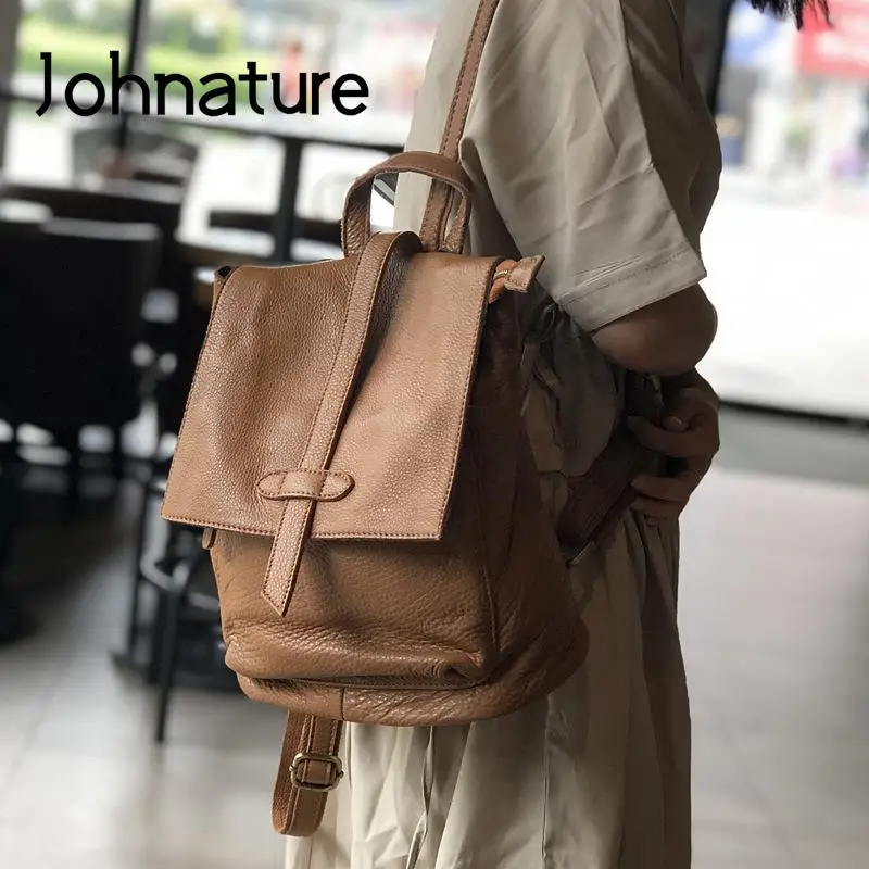 

Johnature Simple Genuine Leather Bag Women Backpack 2024 New Leisure Natural Soft Real Cowhide Large Capacity Travel Backpacks