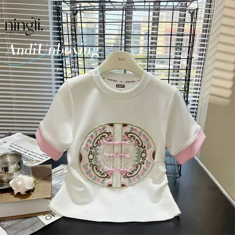 

GirlsTT-shirt Summer New Children's Embroidery Plate Flower Short Sleeve Loose Bottoming Shirt Girls Western Style Fashion Summe