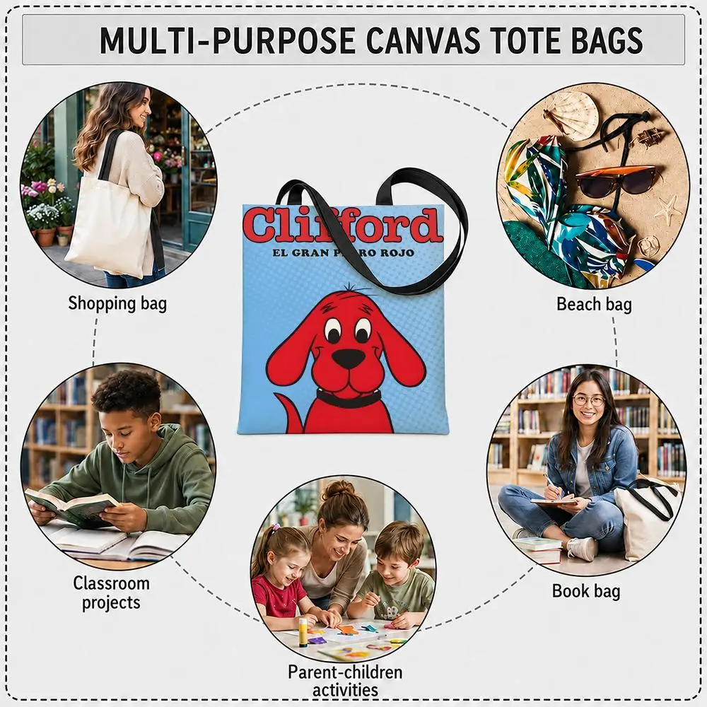Animation Clifford the Big Red D-Dog Storage Bags Women Canvas Tote Bag Large Capacity Reusable Shoulder Shopper Bag - view 6