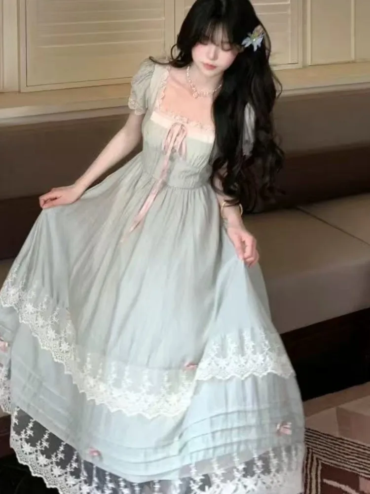 

Women Gentle Style Vintage Dress Sweet Bow Short Sleeve Dress French Lace Splice Korean Popular Chic Long Dress New Summer 2025