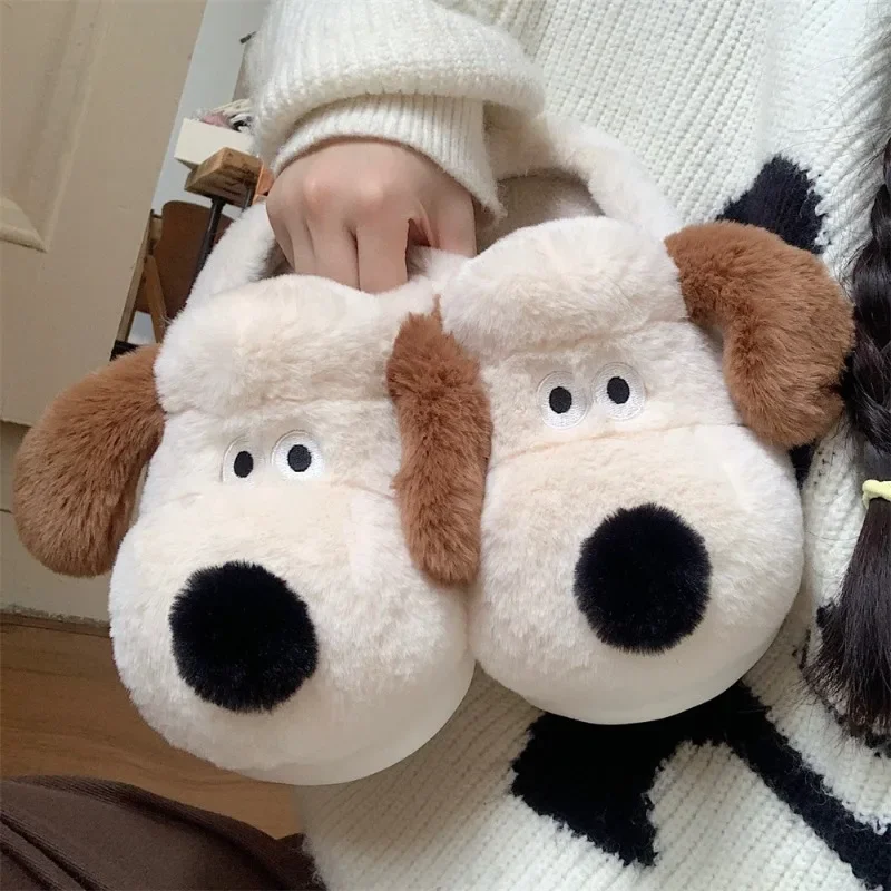 Fall and winter cute cotton slippers indoor home warm bedroom soft bottom new dog plush head cotton slippers couple parent-child