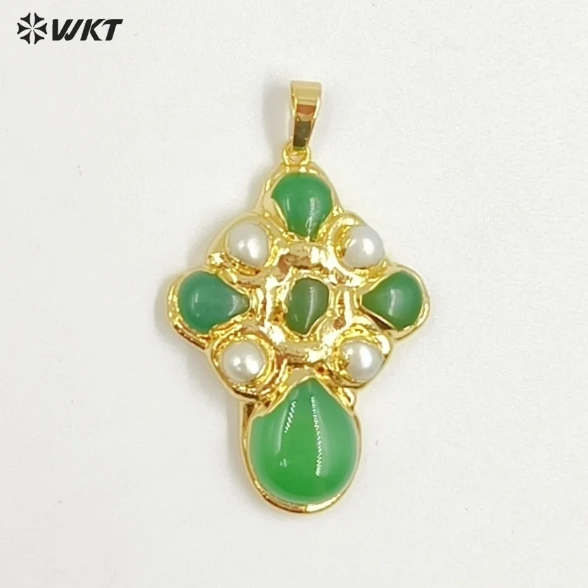 WT-JP384 Special Exquisite Turquoise/Pearl And Shell Natural Material 18k Gold Plated Fine Cross Pendant For Necklace Accessory