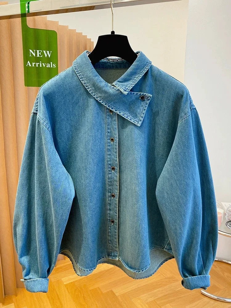Korean Blue Denim Shirt For Women In Autumn 2025 Retro Casual And Lazy Style Layered Long Sleeved Top  Women's Blouse