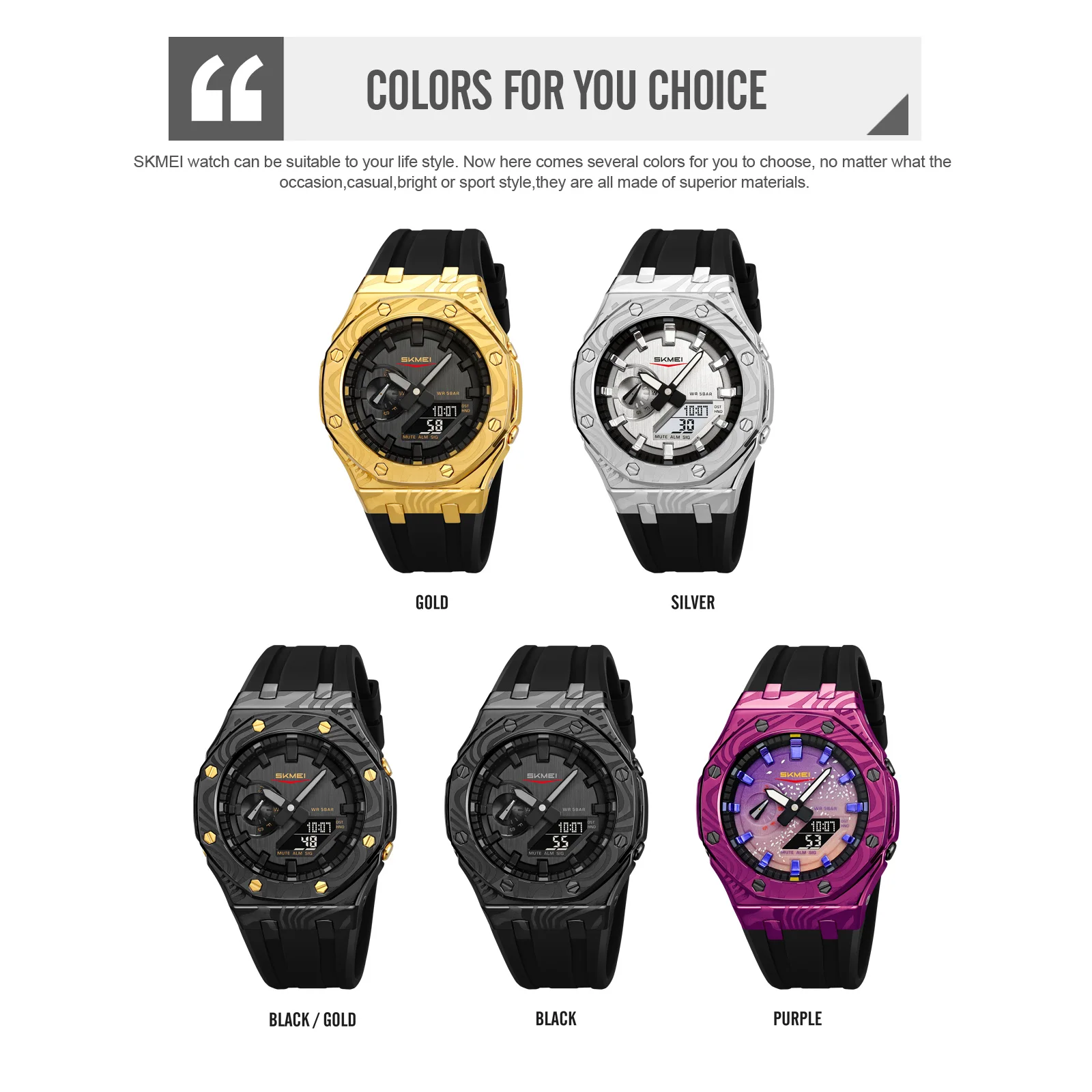 Skmei 2471 LED night light Dual Digital Display Quartz Waterproof Watches with Calendar Analog Stopwatch timing Alarm Clock