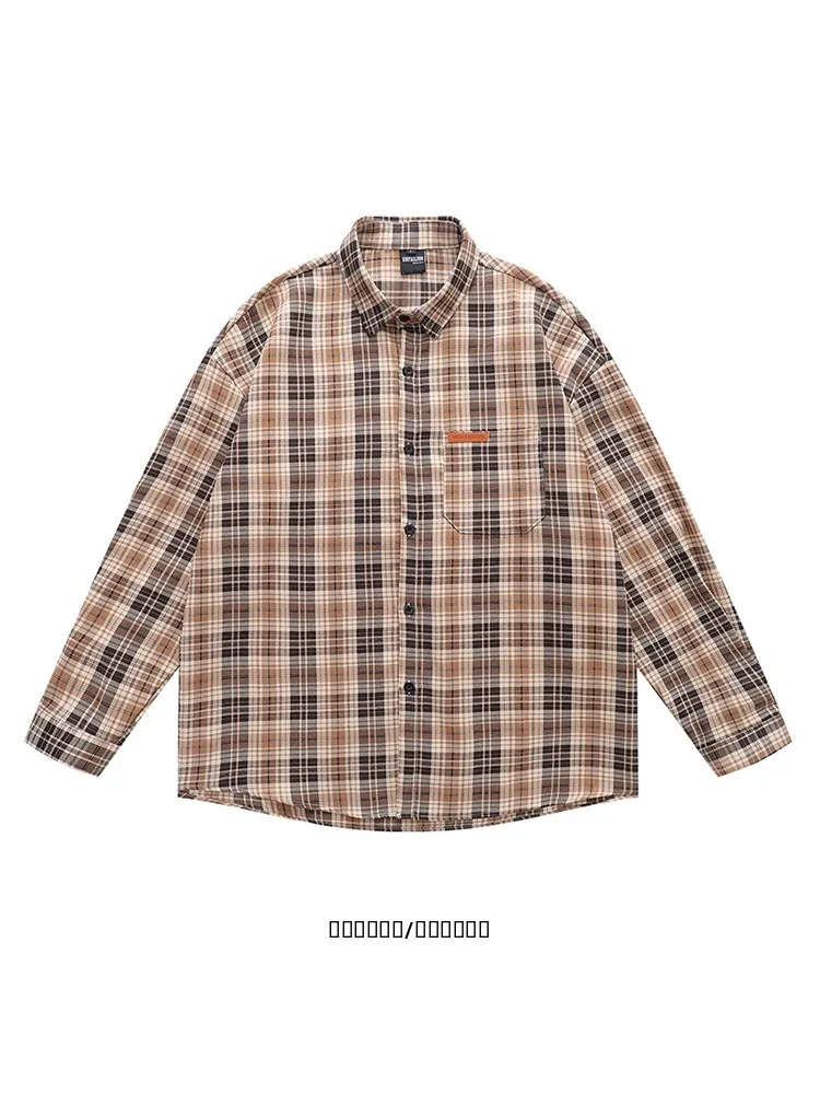 

Loose Long Sleeve Plaid Shirt Vintage Hong Kong Style from Gender Neutral Classic Button-Up Casual Wear for Couples