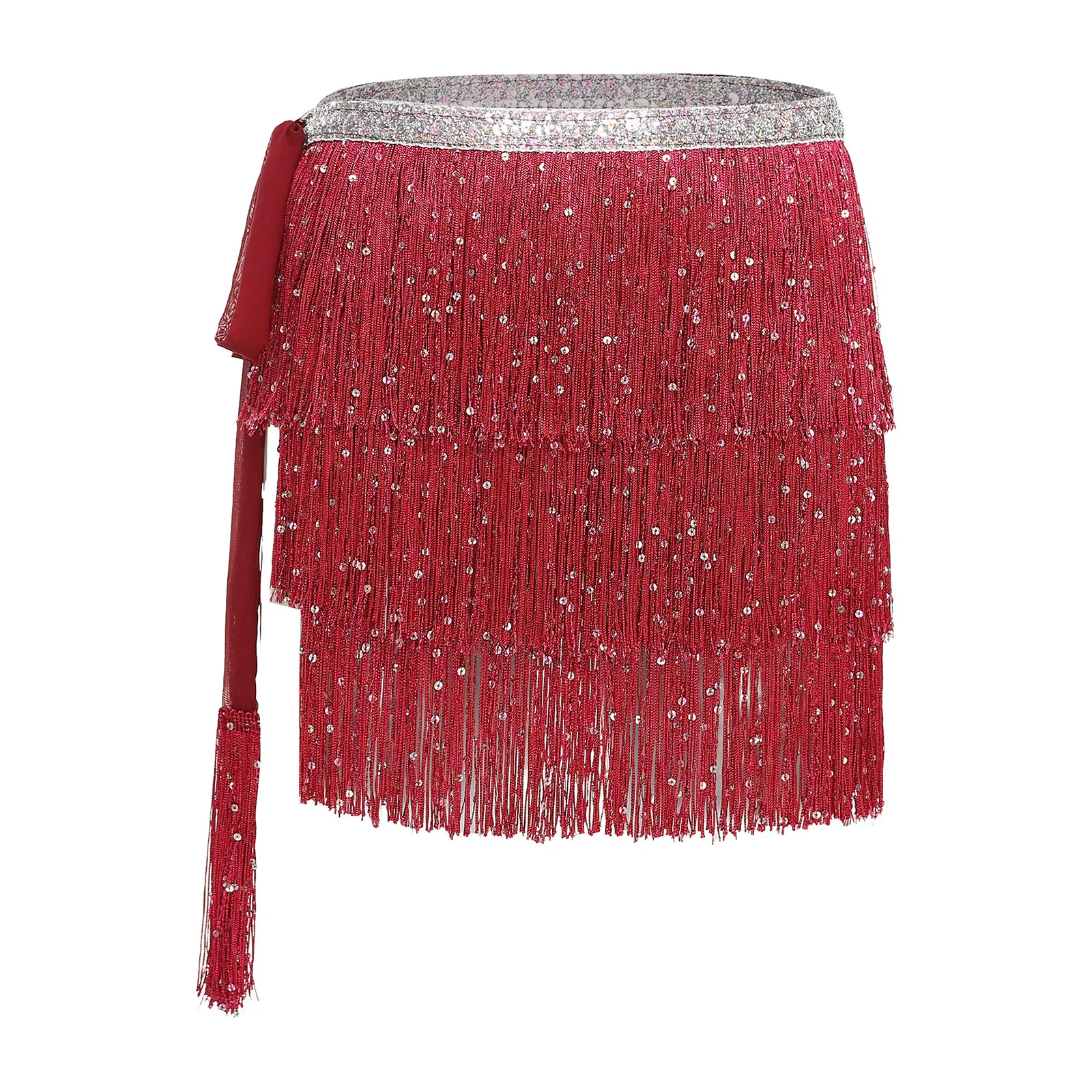 Women Belly Latin Cha-cha Jazz Dance Hip Scarf Waist Chain Sequin Tiered Tassel Lace-up Waist Skirt Hip Wrap Dancing Skirts