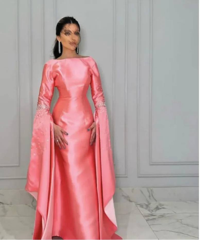 تخصيص التدابير مساء اللباس الوردي أنيقة ثوب رسمي س الرقبة طويلة الأكمام الترتر فساتين لحضور الحفلات الموسيقية الساتان حورية البحر ثوب مسائي