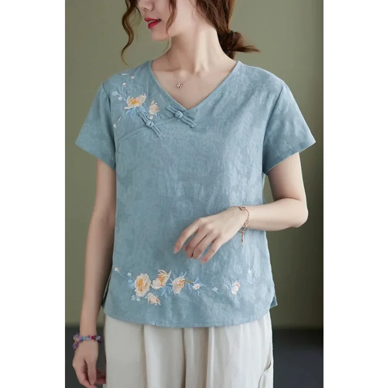 

Women's Cotton Linen Floral Embroidered Blouse Retro Frog Button V Neck Short Sleeve Loose Summer Top