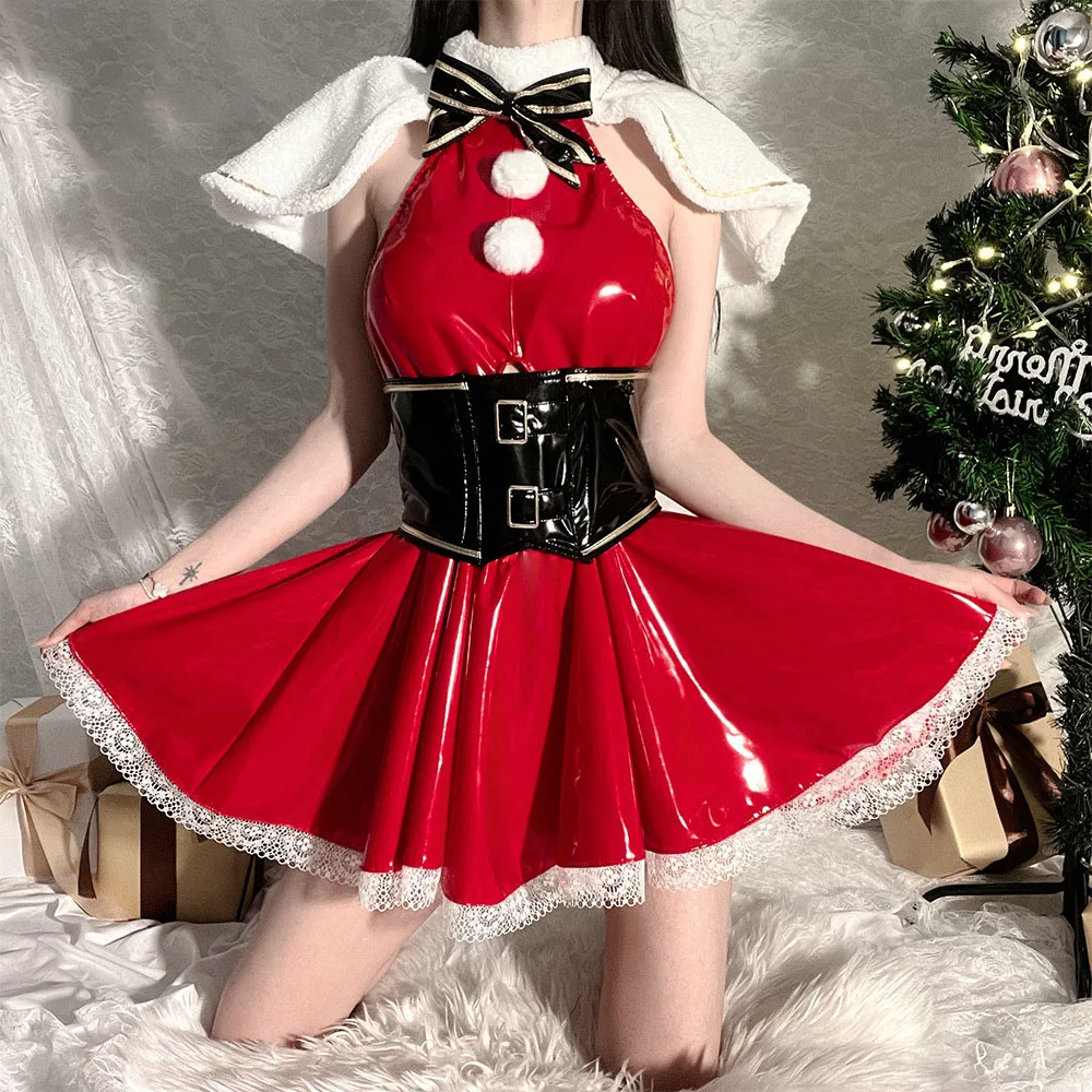 

Women Christmas Costume Plush Rabbit Cape Lace Dress Bunny Girl Maid Cosplay Sexy Faux Leather Uniform Halloween Party Clothes