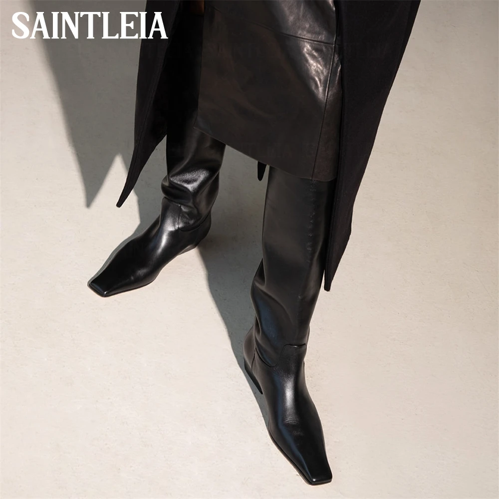 Python Effect Leather Knee High Boots Square Toe Thick Kitten Heel Pull on Boots Concise Designer Style Handmade Boots for Women