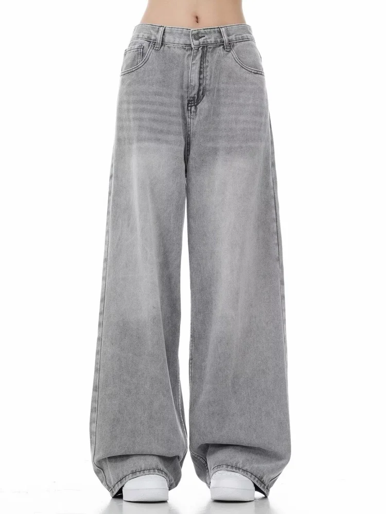 

Women's Grey Vintage Jeans High Street Denim Trouser Casual Goth Pants High Waist Straight Streetwear Baggy Female