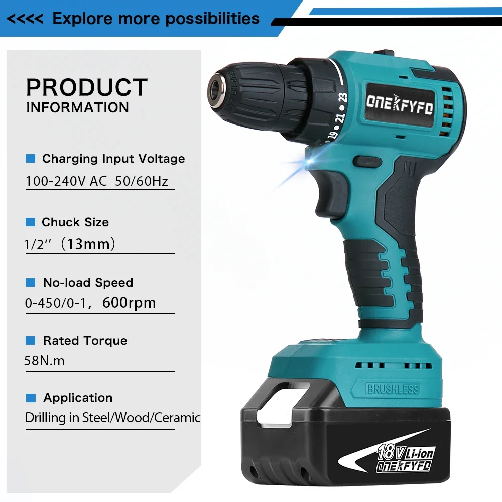 10mm Brushless Electric Drill Screwdriver 20+2 Torque Cordless Efficient Impact Drill Power Tool for Makita 18V Battery