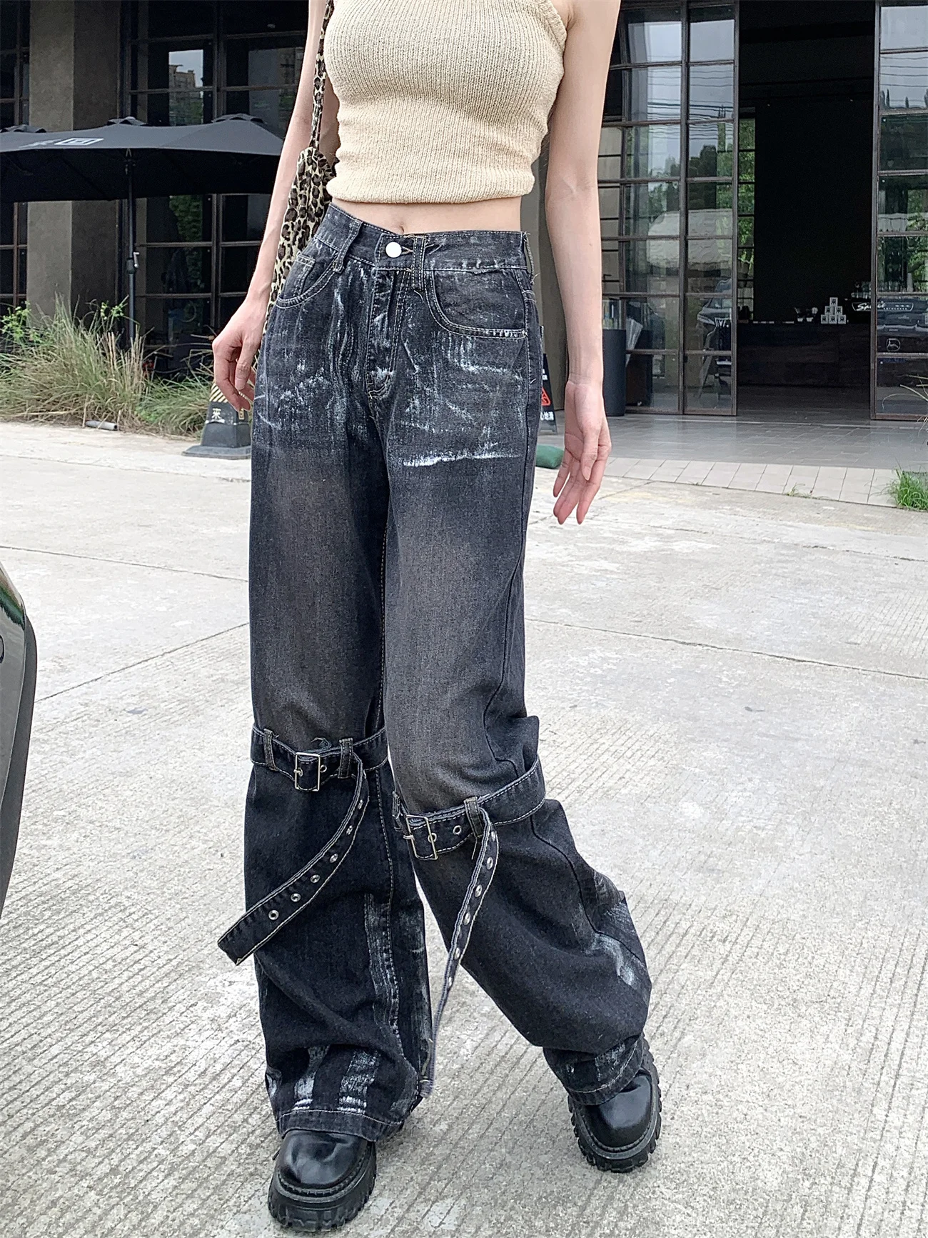 Gothic Style Bandage Trendy Women's Jeans Vintage American High Street Pants for Women Street Personality Fashion Jeans Woman