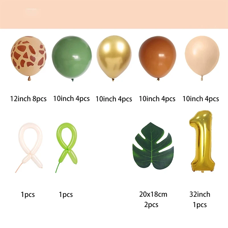 29pcs Jungle Safari Animal Girraffe Number Balloons Set Kids 1 2 3 Year Birthday Party Decorations Wild One Avocado Green Globos