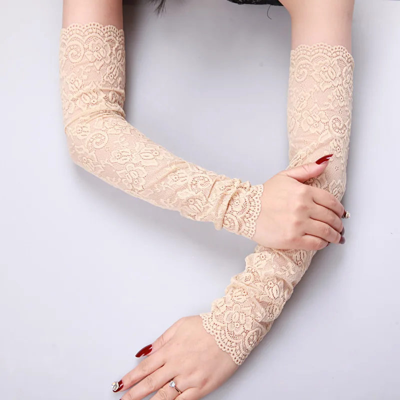 Women Black White Beige Pink Sun Protection Long Arm Sleeves Gloves Lace Gloves Wedding Party Dress Guantes Driving Gloves 43CM