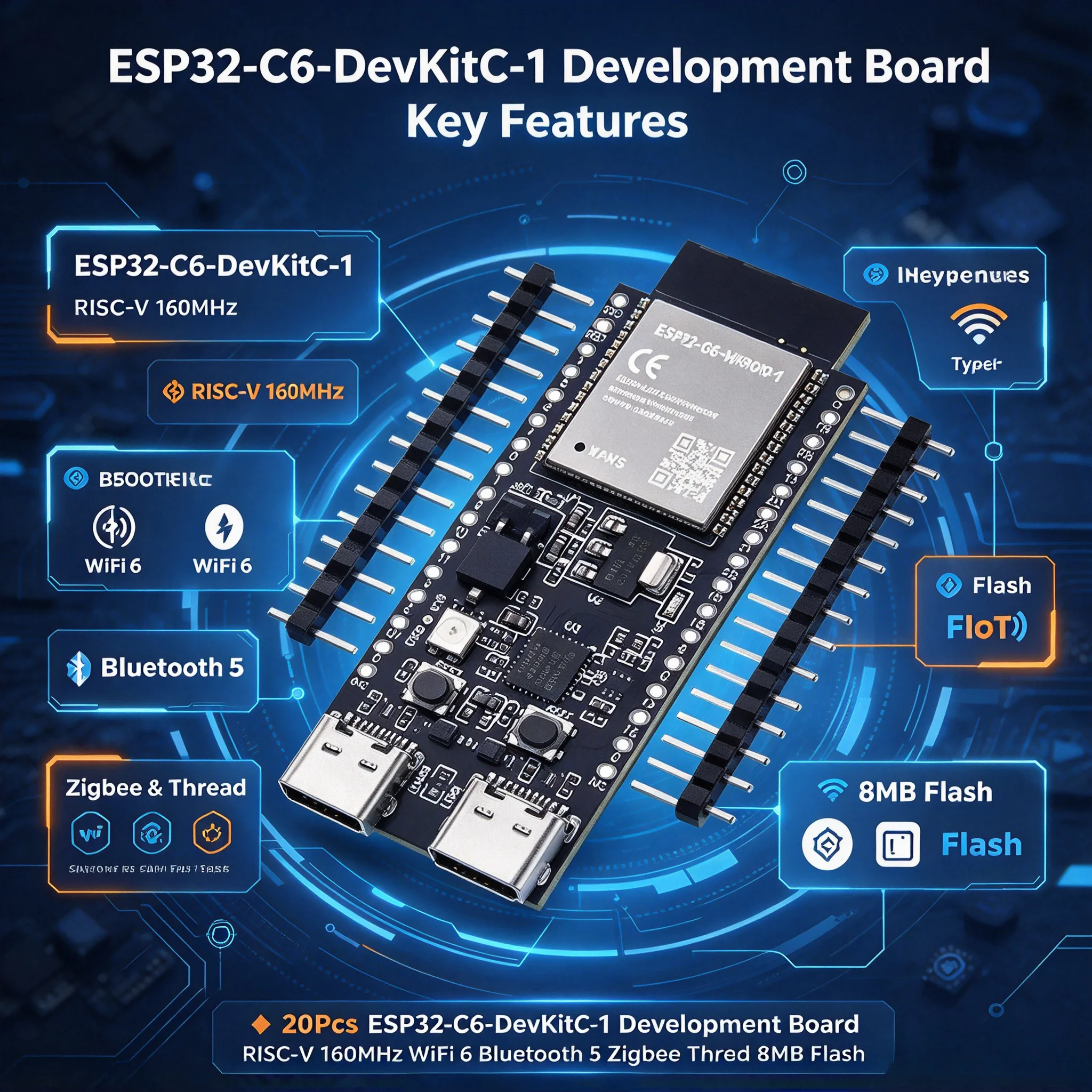 20Pcs ESP32-C6-DevKitC-1 Development Board RISC-V 160MHz WiFi 6 Bluetooth 5 Zigbee Thread 8MB Flash