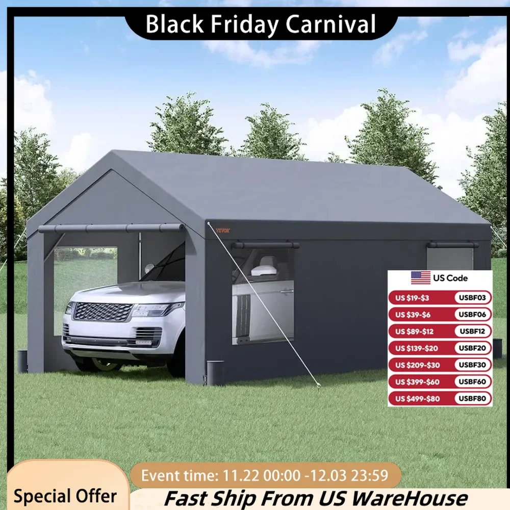 Garages,Canopies & Carports Heavy Duty Portable Garage,oversized Canopy with Rolled Up Ventilation Windows,detachable Side Walls