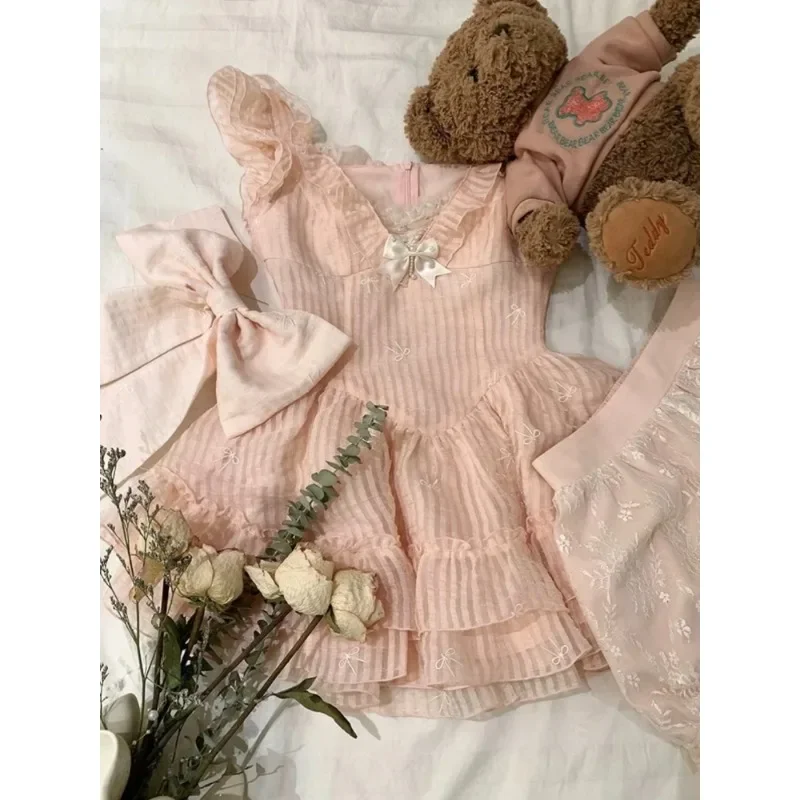 

Spring New Sweet Pink Fit Waist Dresses Women Elegant Flutter Sleeve Slim A-Line Short Dress Korean Chic Design Casual Clothes