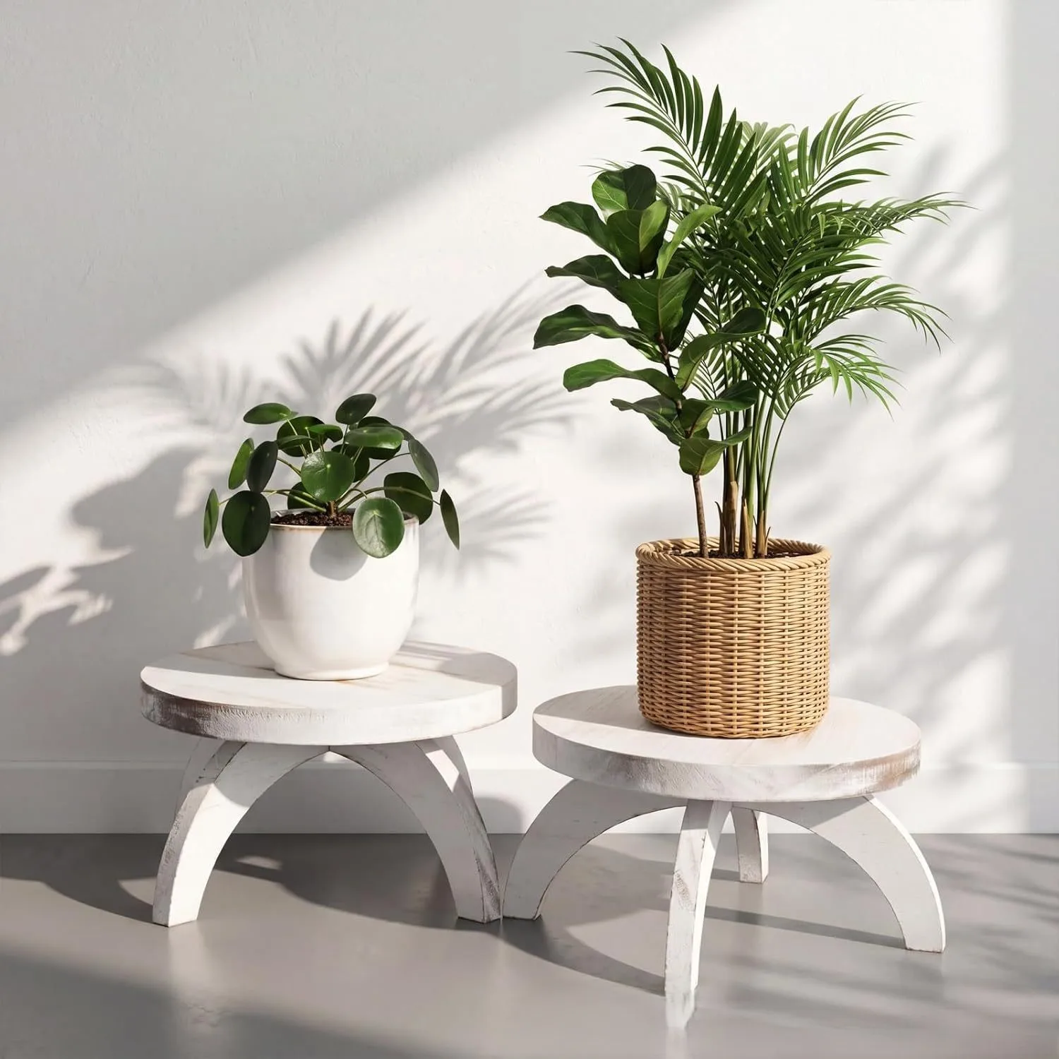 Wooden round plant pot base shelf, balcony and living room tabletop or floor plant stand, solid wood flower stool