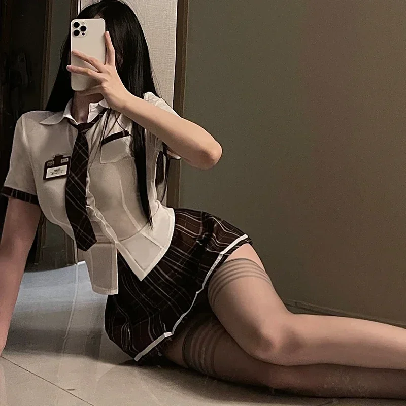 女性のためのセクシーな学生服セット,テーマパーティーの衣装,変装,ミニスカート,タイトなブラウス,ランジェリー,ディスコウェア