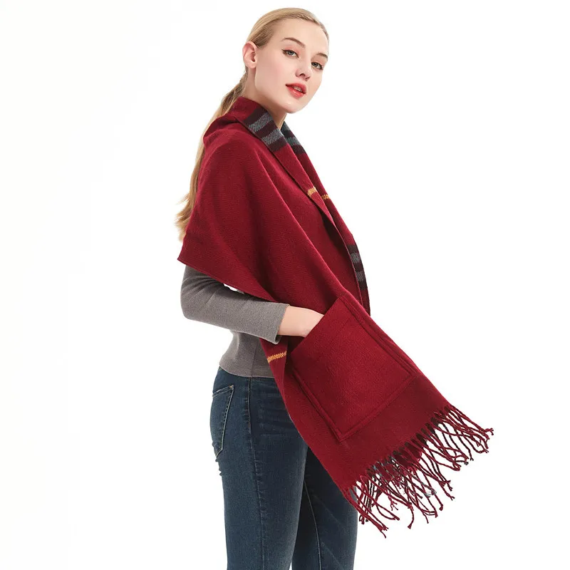 Thick Cashmere Blend Pashmina with Pocket Women Warm Winter Scarves Shawl Wrap Femme Bufanda Muffler Burgundy Plaid Echarpes