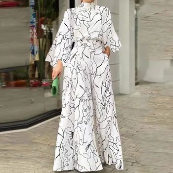 Herfst Nieuwe Kunst Streep Print vrouwen Jumpsuit Sexy Half Hals Lange Mouw Jumpsuit High Street Wijde Pijpen Broek Jumpsuit voor Vrouwelijke