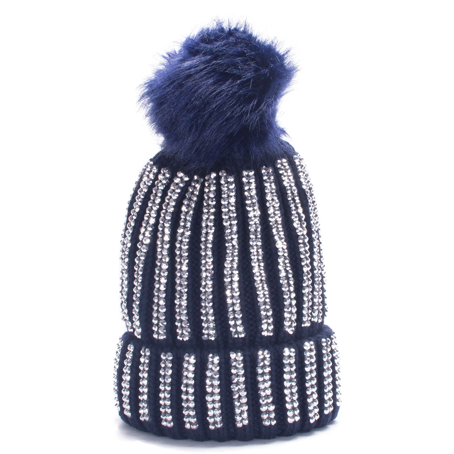 Lawliet Winter Hats Faux Fur Pom Pom Rhinestone Bling Style Women Beanies High Quality Warm Knitted Skull Cap A469