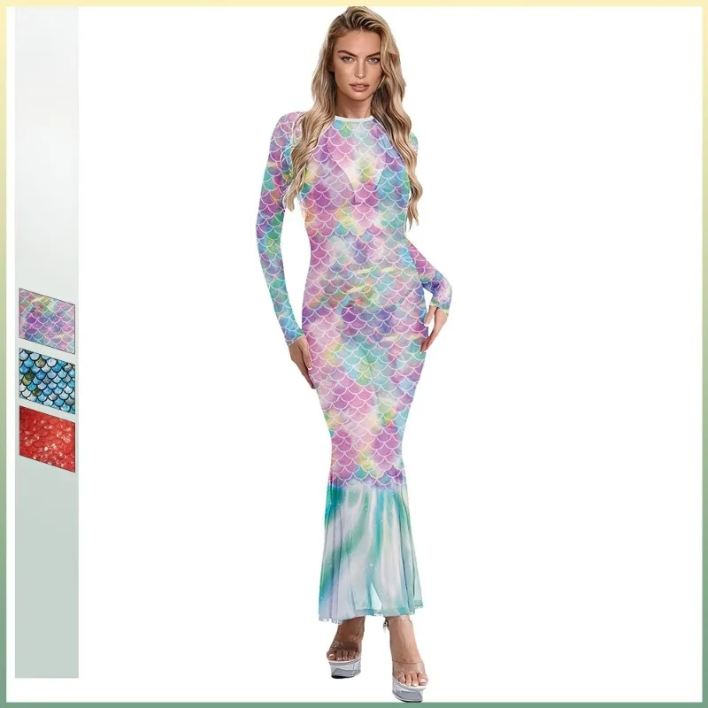 Vestido de malla maxi con estampado de escamas de sirena para mujer, manga larga, cuello redondo, dobladillo acampanado, disfraz de cosplay para Halloween, atuendo de fiesta
