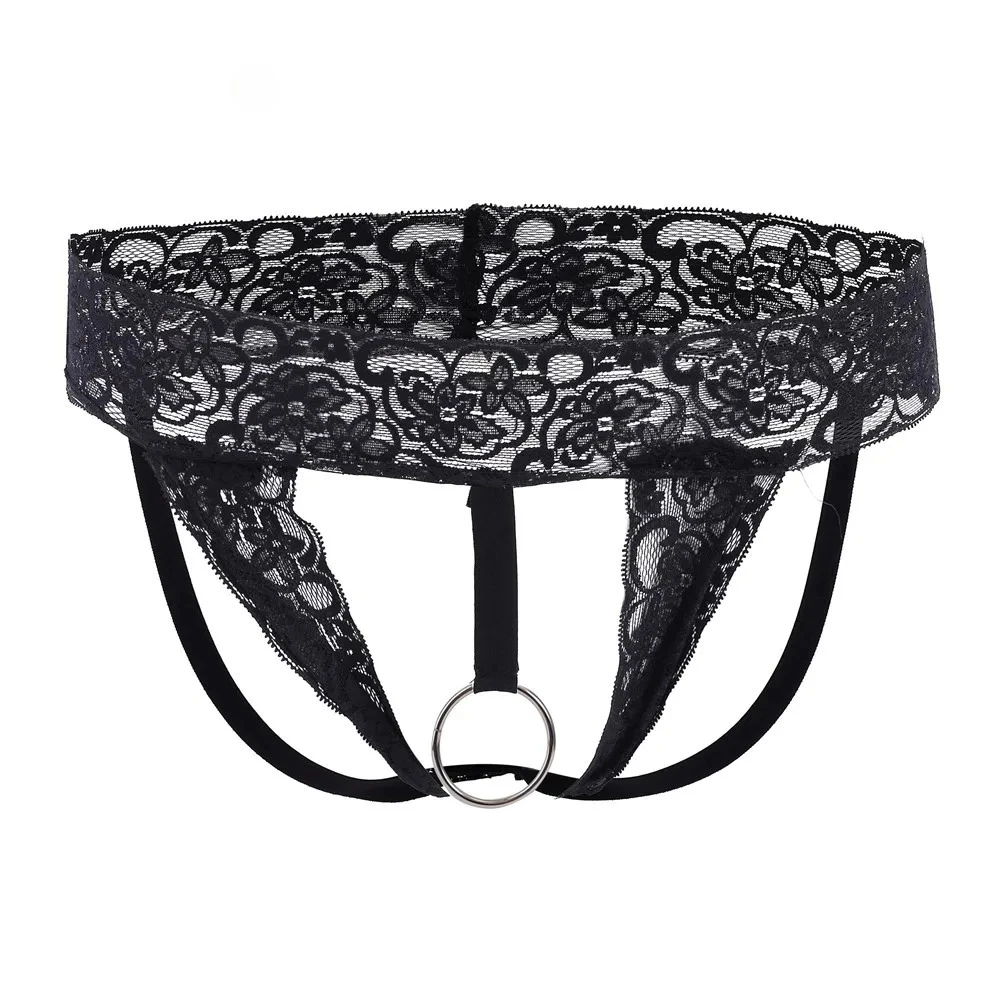 Men Erotic Jockstrap Gay Sexy Metal Cock Ring Crotch Opening Hollowed Out Transparent Sissy Lace Floral Crotchless String Bikini