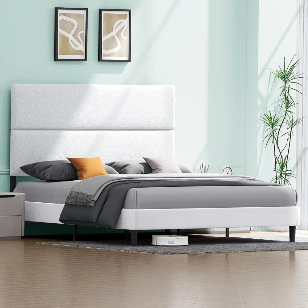إطار سرير من الكتان المنجد بحجم كوين مع لوح رأسي قابل للتعديل، سرير بمنصة مع دعم شرائح خشبية، سهل التجميع