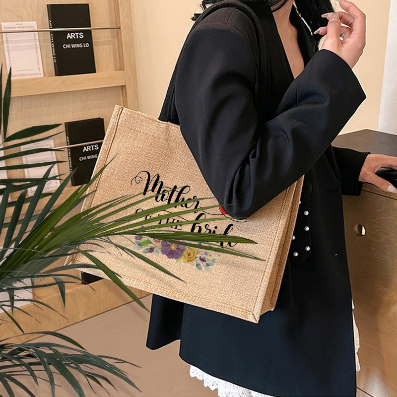 Mother of the Bride Print Personalized Canvas Tote Bag, Large Monogram Beach Bag, Custom Gift Shoulder Bag for Women
