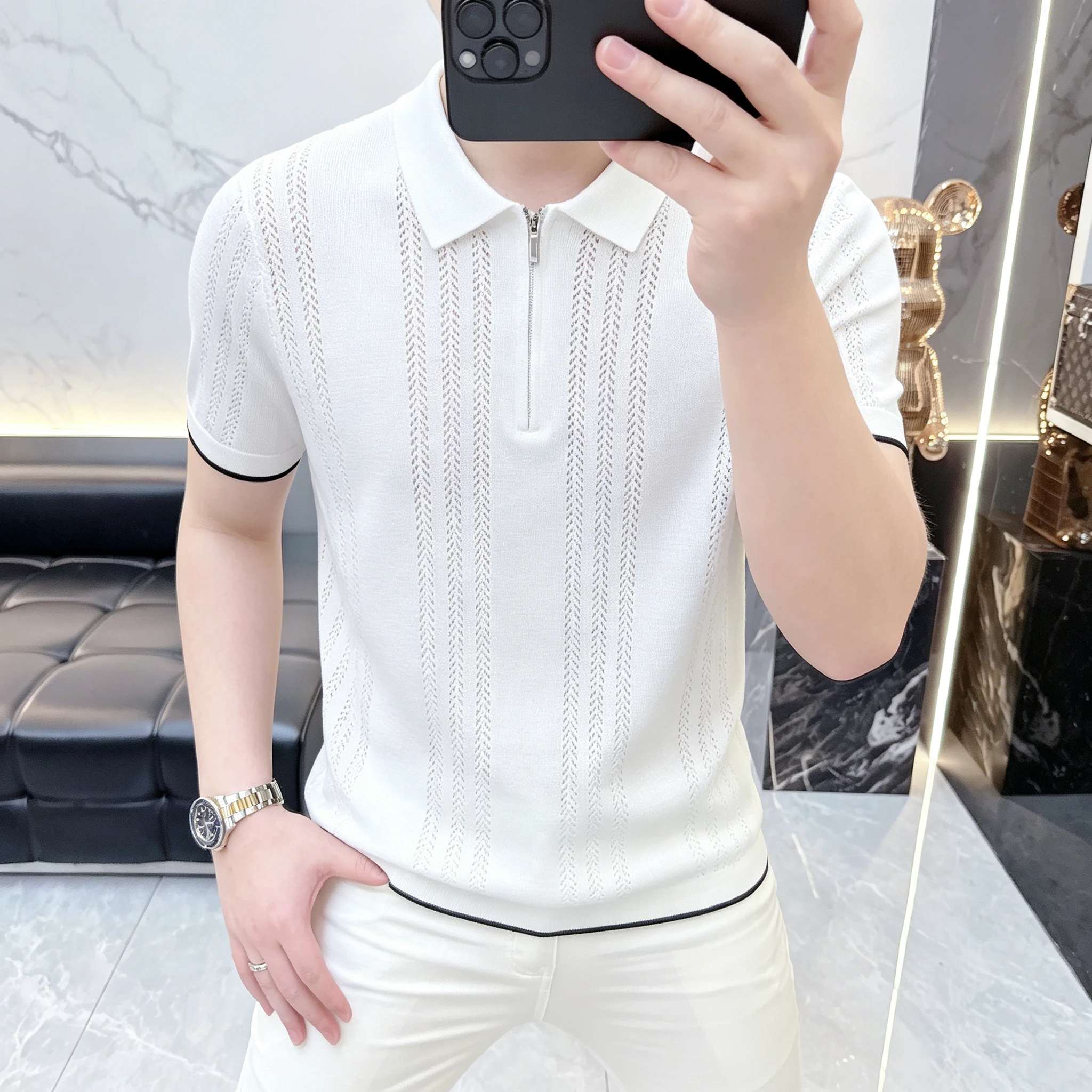 2026 Summer Men's Short-Sleeved T-Shirt - New Texture Knitted Stripes Collar Shirt - Men's Luxury Lightweight Slim-Fitting Top — купить у AliExpress WW