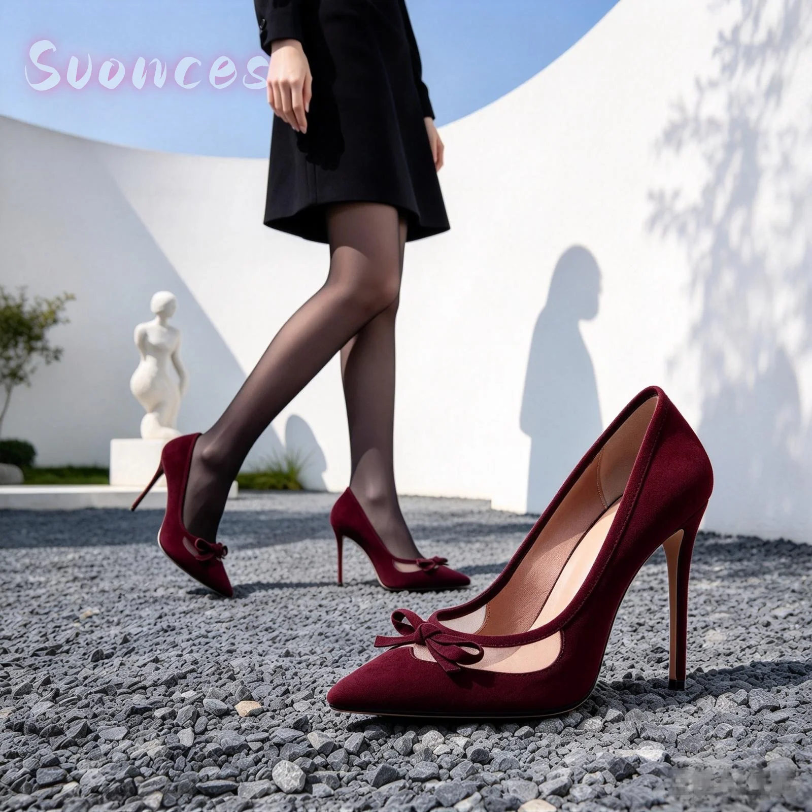 Women Pointed Toe Suede Pumps Mesh Insert Bow Ornament Thin Stilettos Slip On Style Dating Party Ladies Formal Dress Heels