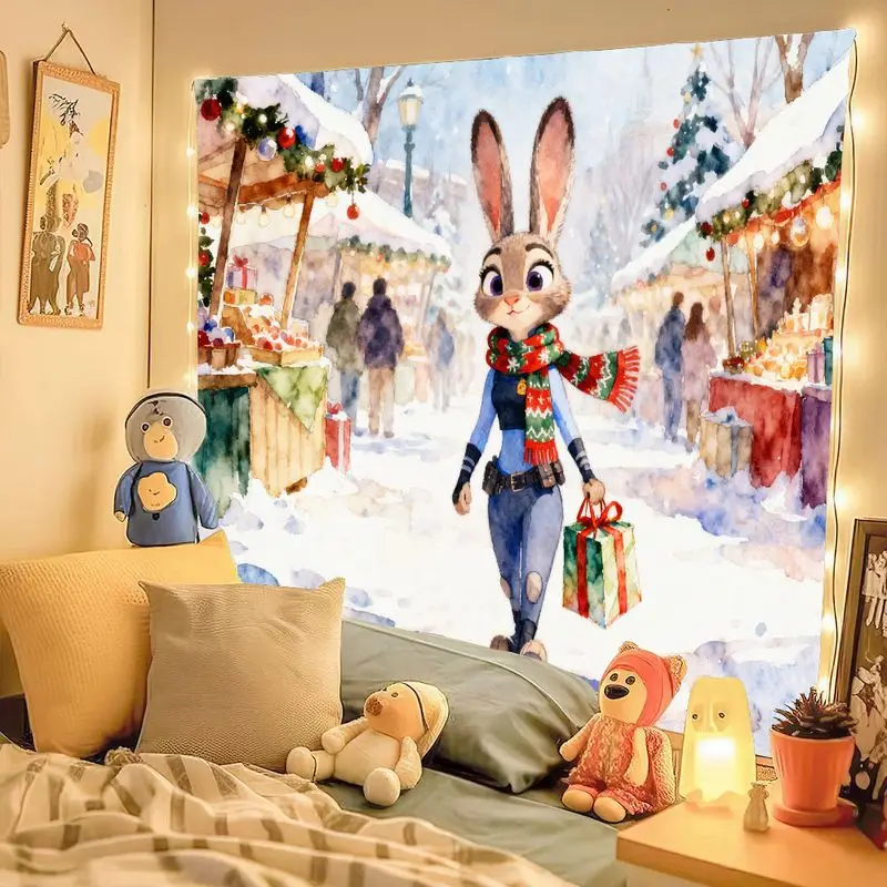 ผ้าแขวนผนังลายซูโทเปีย จูดี้ ฮอปส์ สำหรับคริสต์มาส 1 ชิ้น งานศิลปะสีน้ำสำหรับตกแต่งผนังในช่วงวันหยุดฤดูหนาว ของตกแต่งห้องลายตลาดหิมะในเทศกาล ของขวัญ