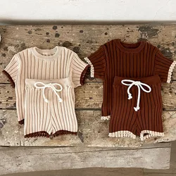 2025 New Spring Newborn Baby Girls Boys Clothing Set Short Sleeved Knitted Pullover Sweater+Shorts Children Clothes Suit