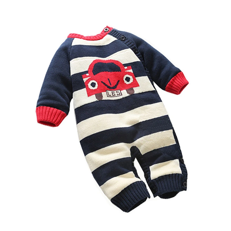 Baby Knitted Sweater Romper 0-18 Months Striped with Car Thick Cotton Long Sleeve Autumn Winter Infant Boy Girl Baby Clothing