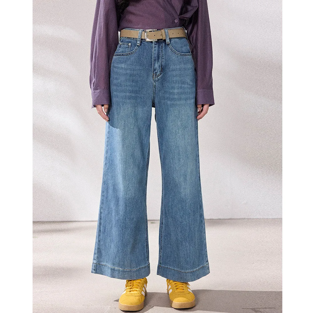 

Spring 2026 High Waist Loose Women's Jeans Light Blue Cotton Stretch Denim Pants Straight Leg Tapered Slimming Effect