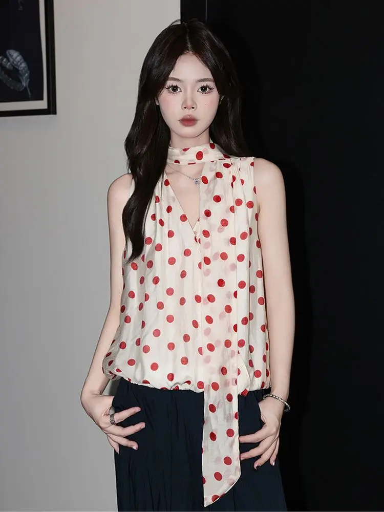 

Elegant French Polka Dot Chiffon Top Ladies Summer Halter Vest Loose V Neck Sleeveless Blouse