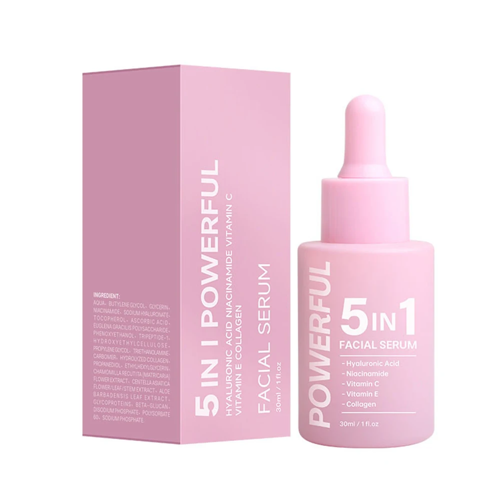 30ml de etiqueta privada 5 en 1 suero facial logotipo personalizado hidratante reafirmante iluminador aclarador maquillaje de arrugas cuidado de la piel facial rosa