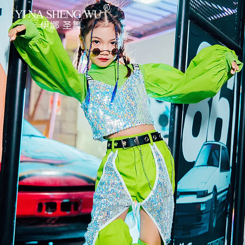 Mode K-pop Bühne Outfits Mädchen Grün Silber Pailletten Kostüm Jazz Dance Hip-hop Street Dance Kleidung Laufsteg Leistung tragen