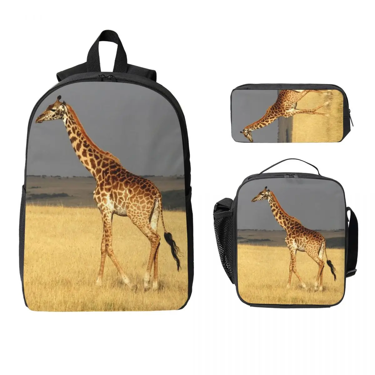 Giraffe Full Body Africa African Animals Backpack Student Boys Girls BookBag School Bag 3ps Insulated Lunch Bag Pencil Case